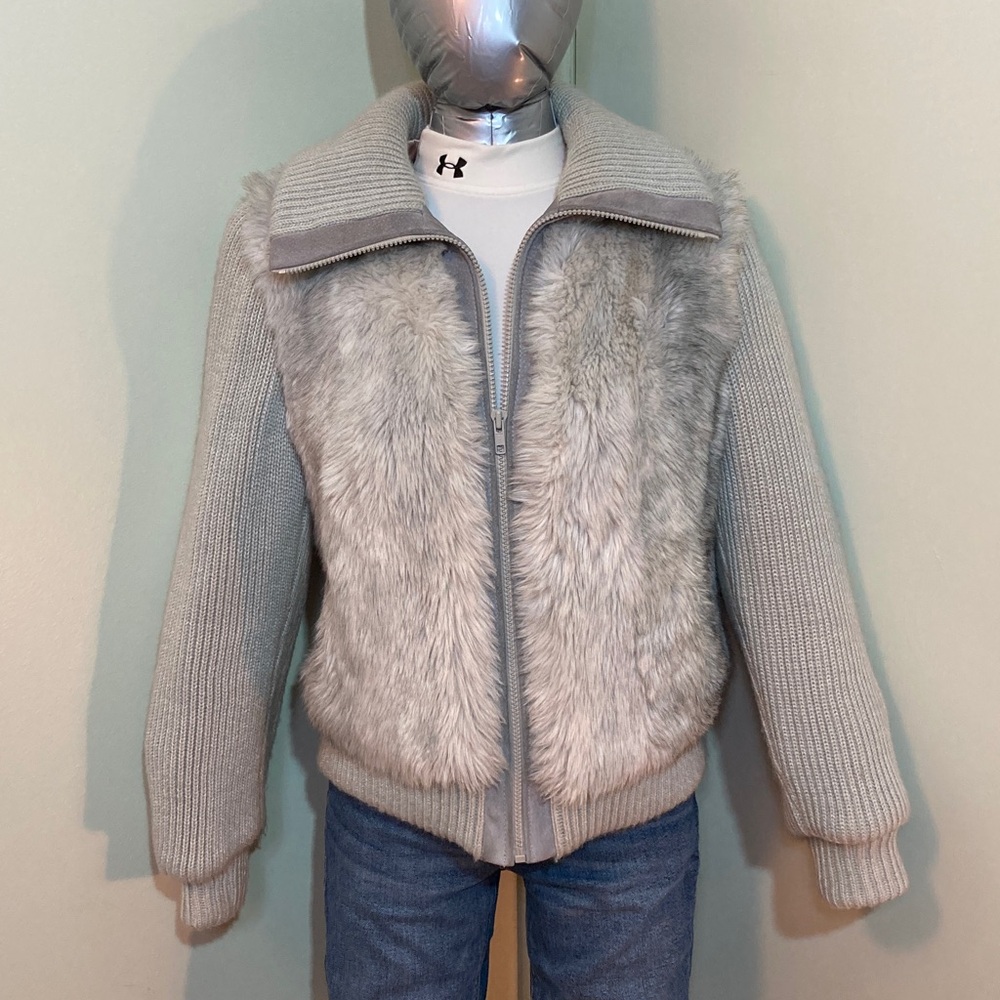 Faux Fur Front Zip Knit Jacket - Light Gray